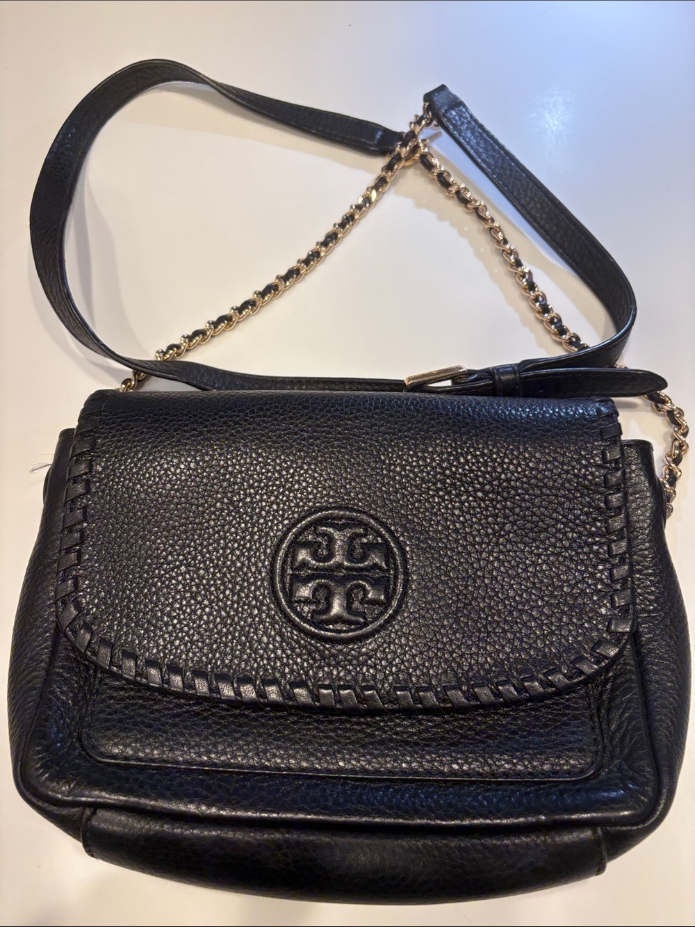 Tory Burch Black Pebbled Leather Crossbody with Gold Chain